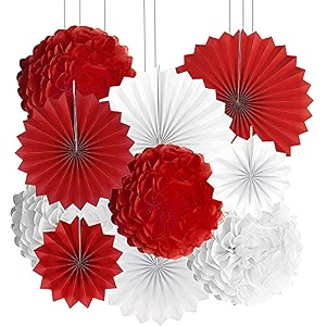 decor nation hanging party decorations set tissue paper fan paper pom poms flowers for wedding birthday bachelorette graduation party kit design-14white red pack of 14