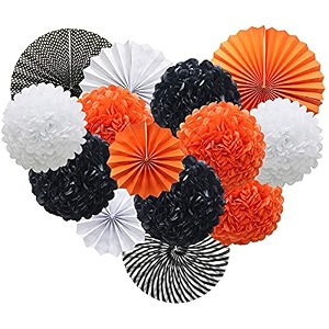 decor nation hanging party decorations set tissue paper fan paper pom poms flowers for wedding birthday bachelorette graduation party kit design-8orange black white pack of 18