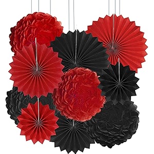decor nation hanging party decorations set tissue paper fan paper pom poms flowers for wedding birthday bachelorette graduation party kit design-15red black pack of 14