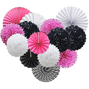 decor nation hanging party decorations set tissue paper fan paper pom poms flowers for wedding birthday bachelorette graduation party kit design-9pink black white pack of 18