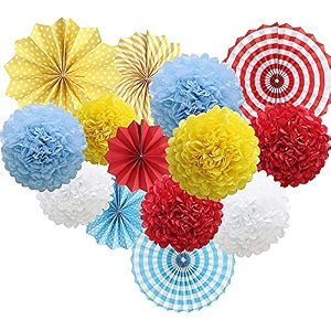 decor nation hanging party decorations set tissue paper fan paper pom poms flowers for wedding birthday bachelorette graduation party kit design-1red yellow blue pack of 18