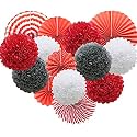 Decor Nation Hanging Party Decorations Set Tissue Paper Fan Paper Pom Poms Flowers for Wedding Birthday Bachelorette Graduation Party Kit (Design-5(Red White Black), Pack of 18)