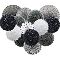 Decor Nation Hanging Party Decorations Set Tissue Paper Fan Paper Pom Poms Flowers for Wedding Birthday Bachelorette Graduation Party Kit (Design-3(Black White), Pack of 14)
