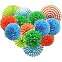 Decor Nation Hanging Party Decorations Set Tissue Paper Fan Paper Pom Poms Flowers for Wedding Birthday Bachelorette Graduation Party Kit (Design-6(Blue Green Orange), Pack of 18)