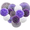 Decor Nation Hanging Party Decorations Set Tissue Paper Fan Paper Pom Poms Flowers for Wedding Birthday Bachelorette Graduation Party Kit (Design-2(Purple White), Pack of 14)
