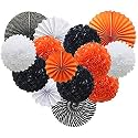 Decor Nation Hanging Party Decorations Set Tissue Paper Fan Paper Pom Poms Flowers for Wedding Birthday Bachelorette Graduation Party Kit (Design-8(Orange Black White), Pack of 18)