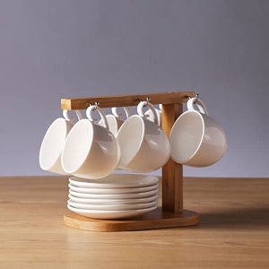 wooden coffee cup hanger for kitchen cabinet mug plate holder stand organizer for kitchen amp dining table- 6 hooks brown colour