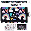 Decorably Trifold Rainbow Little Girls Wallet for Kids with Lanyards, Multi-Compartment with Coin Pocket, Card Slots, ID Window, Info Card and Stickers