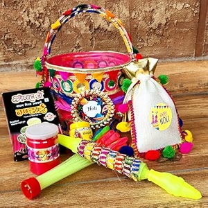 decorative buckets holi herbal color powder herbal gulal holi gift  holi hamper  all in 1 holi decorations thandai holi balloon bunch  chandan tilakholi t shirt holi pichkari holi platter holi bucket hamper