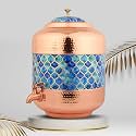 DI: Decorative India Copper Water Dispenser Royal Blue &amp; Hammer Carved Matka Vessels with Stainless Steel Tap 11 Litre Container Pot Ayurvedic Health Benefits Glossy Finish