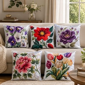 decorative satin sofa cushion covers set of 5 12 inch x 12 inch sofa cushion cover multicolor floral design embroidery-effect hd digital print zipper closure mahek 12x12 inches