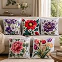 Vendola Decorative Satin Sofa Cushion Covers Set of 5, 20 Inch x 20 Inch, Sofa Cushion Cover, Multicolor, Floral Design, Embroidery-Effect HD Digital Print, Zipper Closure (Mahek, 20X20 Inches)