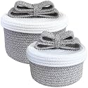Decorative Storage Boxes with Lids, Small Woven Rope Basket with Lid, Small Decorative Basket for Home Decor, Dog Toy Baskets with Cute Bow Handle (grayish-brown)