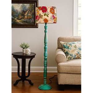 rustic teal wooden floor lamp with fabric shade  farmhouse standing lamp for living room bedroom amp office  tall decorative lamp with warm ambient light gazania sunshine