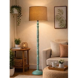 rustic teal wooden floor lamp with fabric shade  farmhouse standing lamp for living room bedroom amp office  tall decorative lamp with warm ambient light jute