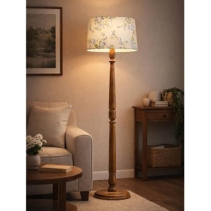 rustic walnut brown wood floor lamp with multicolor fabric shade antique style bedside living room bedroom corner light dcor candlestick cornflower