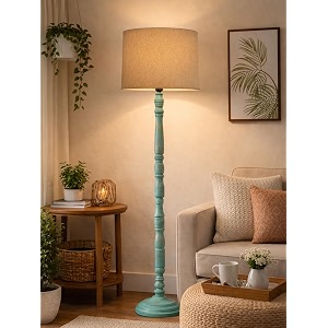 rustic teal wooden floor lamp with fabric shade  farmhouse standing lamp for living room bedroom amp office  tall decorative lamp with warm ambient light