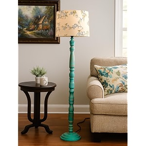 rustic teal wooden floor lamp with fabric shade  farmhouse standing lamp for living room bedroom amp office  tall decorative lamp with warm ambient light cornflower