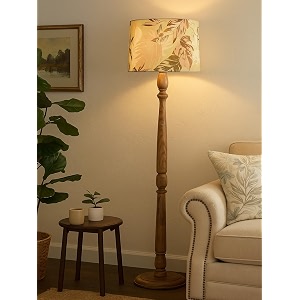 rustic wood floor lamp for living room walnut brown with multicolor fabric lamp shade  light decoration for home side lamp for living room  antique floor light candlestick leaf