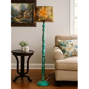 rustic teal wooden floor lamp with fabric shade  farmhouse standing lamp for living room bedroom amp office  tall decorative lamp with warm ambient light wild meadow