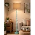 Rustic Teal Wooden Floor Lamp with Fabric Shade | Farmhouse Standing Lamp for Living Room, Bedroom &amp; Office | Tall Decorative Lamp with Warm Ambient Light