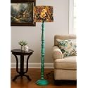 Rustic Teal Wooden Floor Lamp with Fabric Shade | Farmhouse Standing Lamp for Living Room, Bedroom &amp; Office | Tall Decorative Lamp with Warm Ambient Light (Butterflies)