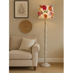 rustic white wooden floor lamp with fabric shade  farmhouse standing lamp for living room bedroom amp office  tall decorative lamp with warm ambient light gazania sunshine