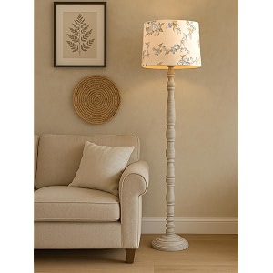 rustic white wooden floor lamp with fabric shade  farmhouse standing lamp for living room bedroom amp office  tall decorative lamp with warm ambient light cornflower