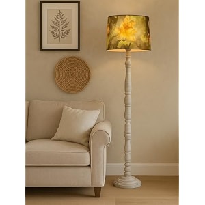 rustic white wooden floor lamp with fabric shade  farmhouse standing lamp for living room bedroom amp office  tall decorative lamp with warm ambient light