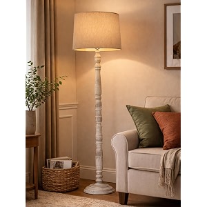 rustic white wooden floor lamp with fabric shade  farmhouse standing lamp for living room bedroom amp office  tall decorative lamp with warm ambient light beige