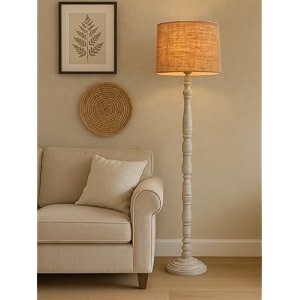 rustic white wooden floor lamp with fabric shade  farmhouse standing lamp for living room bedroom amp office  tall decorative lamp with warm ambient light jute
