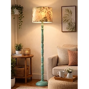 rustic teal wooden floor lamp with fabric shade  farmhouse standing lamp for living room bedroom amp office  tall decorative lamp with warm ambient light palm leaf