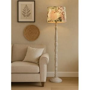 rustic white wooden floor lamp with fabric shade  farmhouse standing lamp for living room bedroom amp office  tall decorative lamp with warm ambient light palm leaf