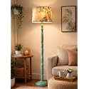 Rustic Teal Wooden Floor Lamp with Fabric Shade | Farmhouse Standing Lamp for Living Room, Bedroom & Office | Tall Decorative Lamp with Warm Ambient Light (Palm Leaf)