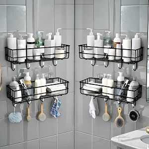 decorlay ig steel self adhesive magic sticker kitchen wall shelf multipurpose bathroom accessories rack and towel holder with 4 hook -towel rack without drilling  color- black pack of 4