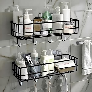 decorlay ig steel self adhesive magic sticker kitchen wall shelf multipurpose bathroom accessories rack and towel holder with 4 hook -towel rack without drilling  color- black pack of 2
