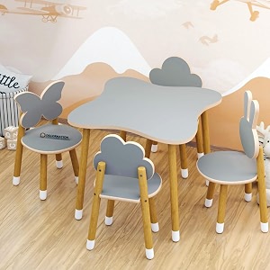decornation kids table amp chair set  cloud amp bunny design solid wood legs grey play table with 4 chairs  study play amp activity furniture for toddlers amp children