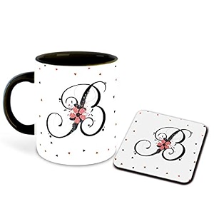 letter b name initial alphabet inspiration printed black inner ceramic coffee mug with coaster- birthday  anniversary  best gift  hobby multi 2