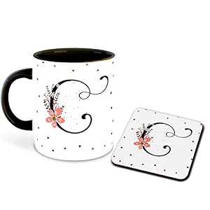 letter c name initial alphabet inspiration printed black inner ceramic coffee mug with coaster- birthday  anniversary  best gift  hobby multi 3