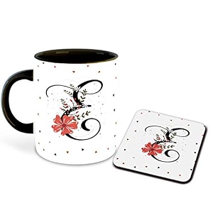 letter e name initial alphabet inspiration printed black inner ceramic coffee mug with coaster- birthday  anniversary  best gift  hobby multi 5