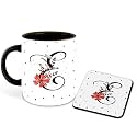 Letter E Name Initial Alphabet Inspiration Printed Black Inner Ceramic Coffee Mug with Coaster- Birthday | Anniversary | Best Gift | Hobby (Multi 5)