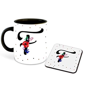 letter f name initial alphabet inspiration printed black inner ceramic coffee mug with coaster- birthday  anniversary  best gift  hobby multi 6