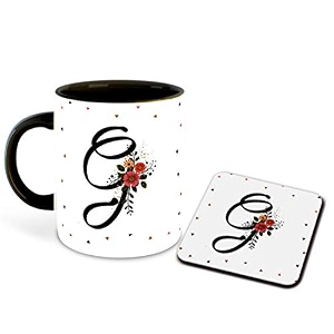 letter g name initial alphabet inspiration printed black inner ceramic coffee mug with coaster- birthday  anniversary  best gift  hobby multi 7