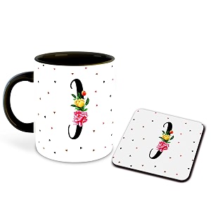 letter i name initial alphabet inspiration printed black inner ceramic coffee mug with coaster- birthday  anniversary  best gift  hobby multi 9