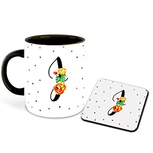 letter j name initial alphabet inspiration printed black inner ceramic coffee mug with coaster- birthday  anniversary  best gift  hobby multi 10