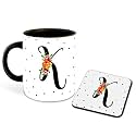 Letter K Name Initial Alphabet Inspiration Printed Black Inner Ceramic Coffee Mug with Coaster- Birthday | Anniversary | Best Gift | Hobby (Multi 11)