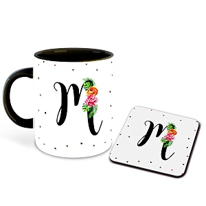 letter m name initial alphabet inspiration printed black inner ceramic coffee mug with coaster- birthday  anniversary  best gift  hobby multi 13