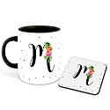 Letter M Name Initial Alphabet Inspiration Printed Black Inner Ceramic Coffee Mug with Coaster- Birthday | Anniversary | Best Gift | Hobby (Multi 13)