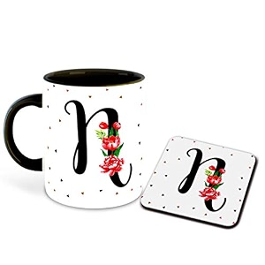 letter n name initial alphabet inspiration printed black inner ceramic coffee mug with coaster- birthday  anniversary  best gift  hobby multi 14