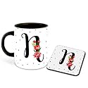 Letter N Name Initial Alphabet Inspiration Printed Black Inner Ceramic Coffee Mug with Coaster- Birthday | Anniversary | Best Gift | Hobby (Multi 14)